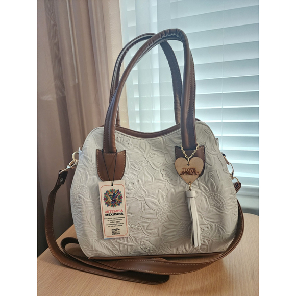 Light Beige Sunflower Embossed Tooled Artisan LEATHER Hobo Bag Purse Bolsa - Picture 7 of 14